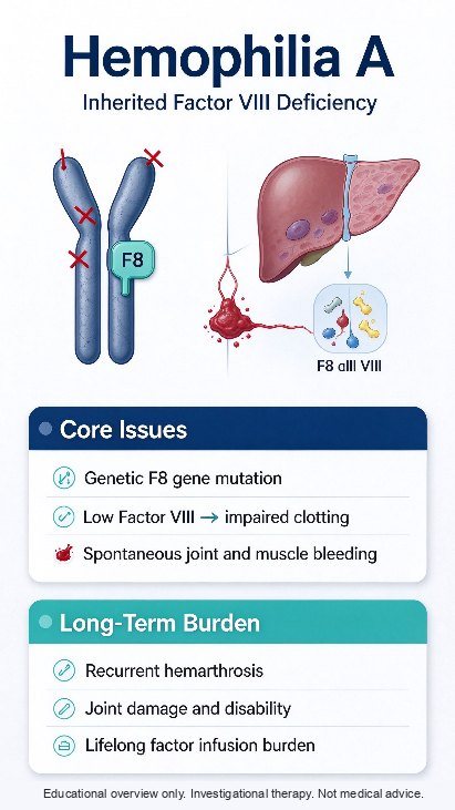 Hemophilia A: an F8 gene defect lowers factor VIII, causing spontaneous joint and muscle bleeding and a lifelong infusion burden