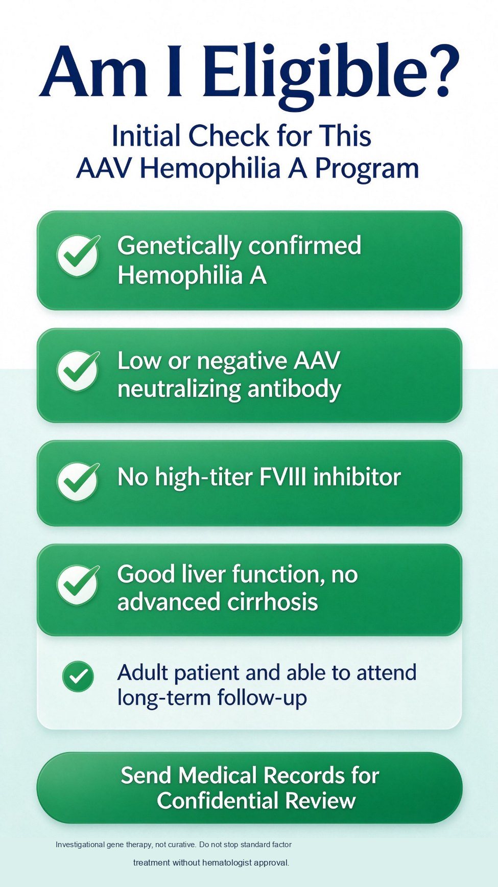Review checklist: confirmed hemophilia A, AAV-antibody and inhibitor testing, and do not stop factor treatment on your own