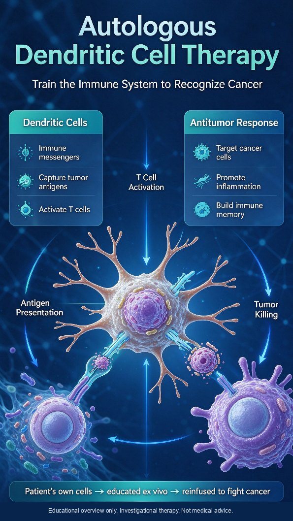 Autologous monocytes are loaded with tumor antigen outside the body, matured, and reinfused so they can hand that information to T cells
