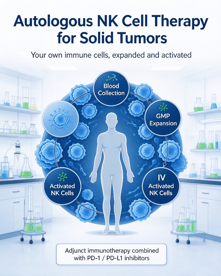 Autologous NK cell therapy overview: blood collection, GMP expansion, activation, IV infusion