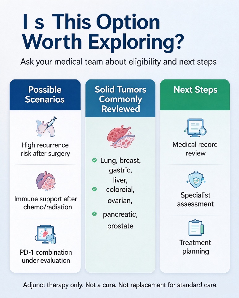 Decision guide: possible scenarios, solid tumors commonly reviewed, and next steps (record review, specialist assessment, treatment planning)