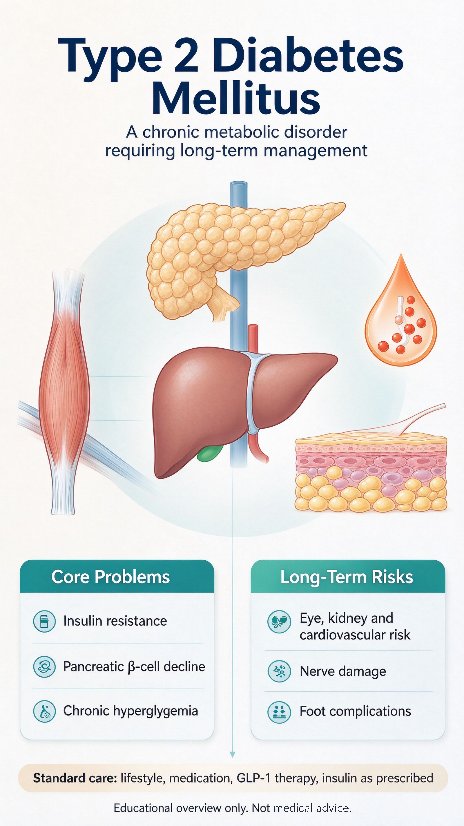Type 2 diabetes: insulin resistance, declining beta cells, hyperglycemia, and eye, kidney, heart, nerve, and foot complications