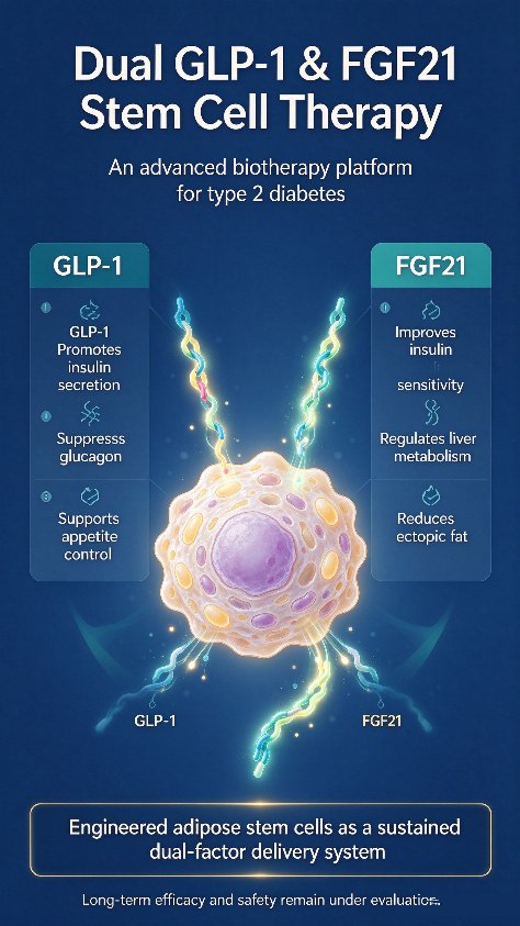 Engineered adipose stem cells co-expressing GLP-1 and FGF21 as a sustained delivery system
