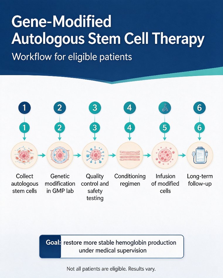Six steps: mobilize and collect autologous stem cells, GMP gene modification, quality control, conditioning, infusion, long-term follow-up